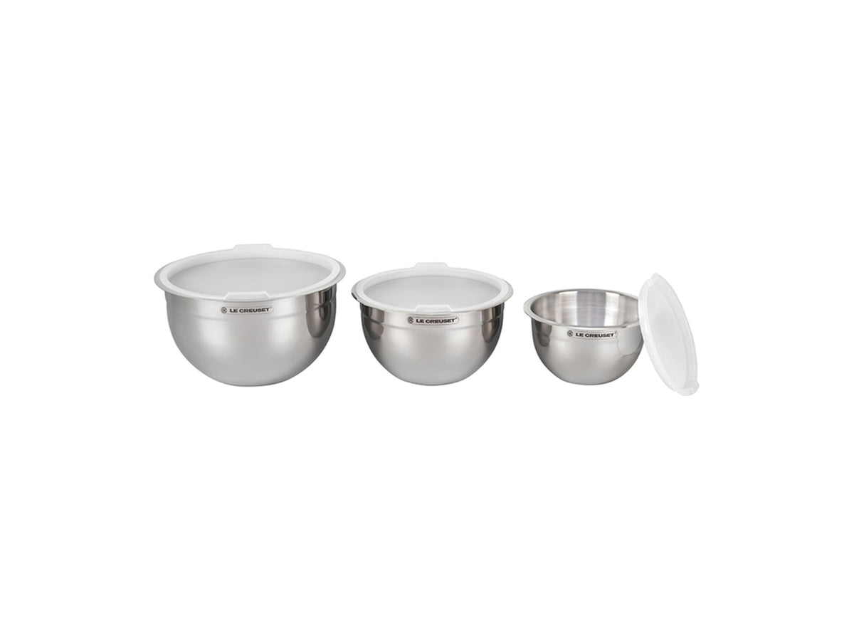Le Creuset Nested Mixing Bowls w/ Nonslip Silicone Base & Plastic Air Tight Lids Steel