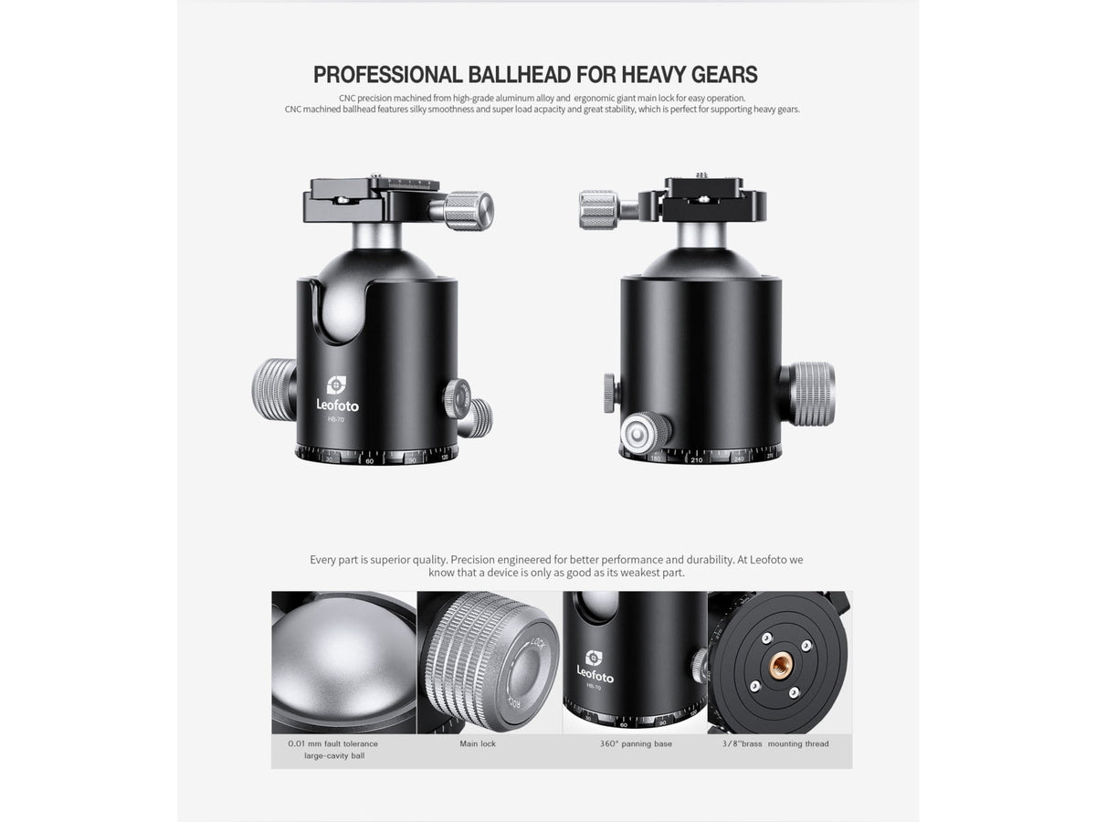 Leofoto HB-70 70mm Pro Heavy-Duty Ball Head w/Quick Release Plate & Case Black HB-70