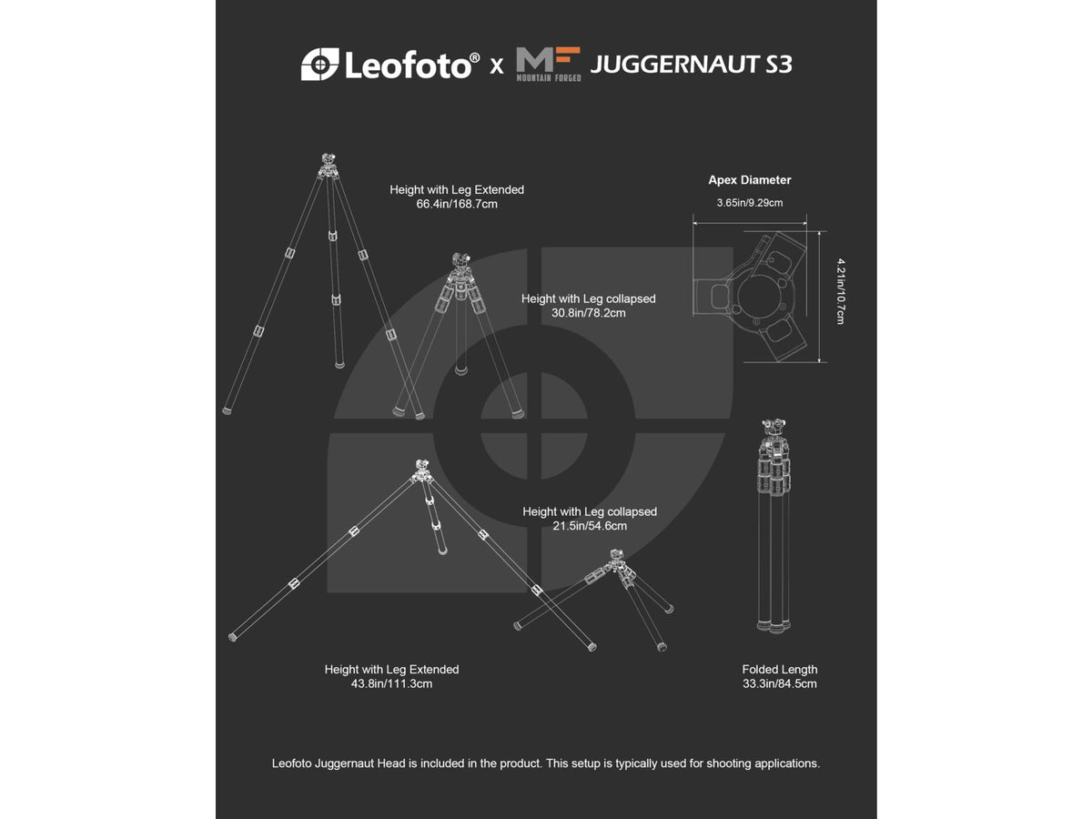 Leofoto Juggernaut S3 3-Section Inverted Precision Shooting Tripod Kit 21.5-66.4in Black 6940828320321