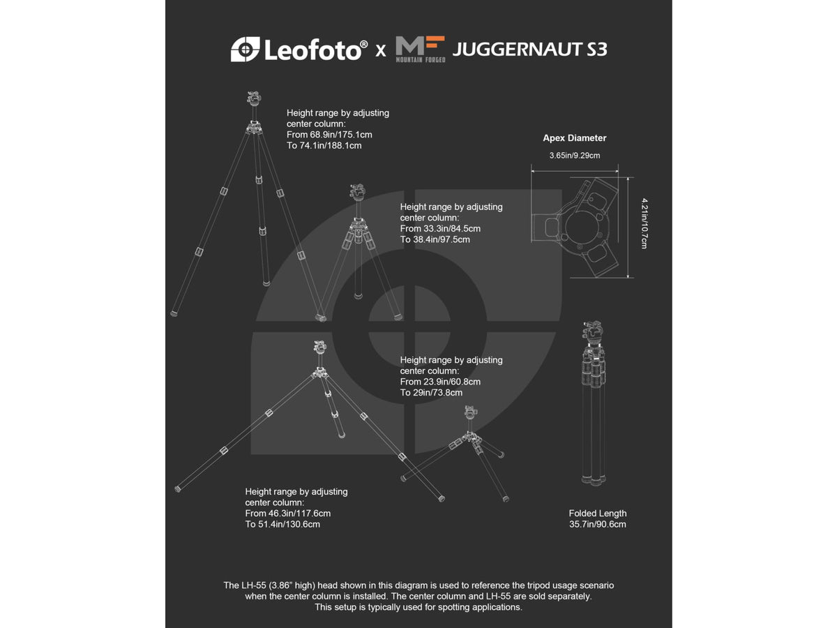 Leofoto Juggernaut S3 3-Section Inverted Precision Shooting Tripod Kit 21.5-66.4in Black 6940828320321