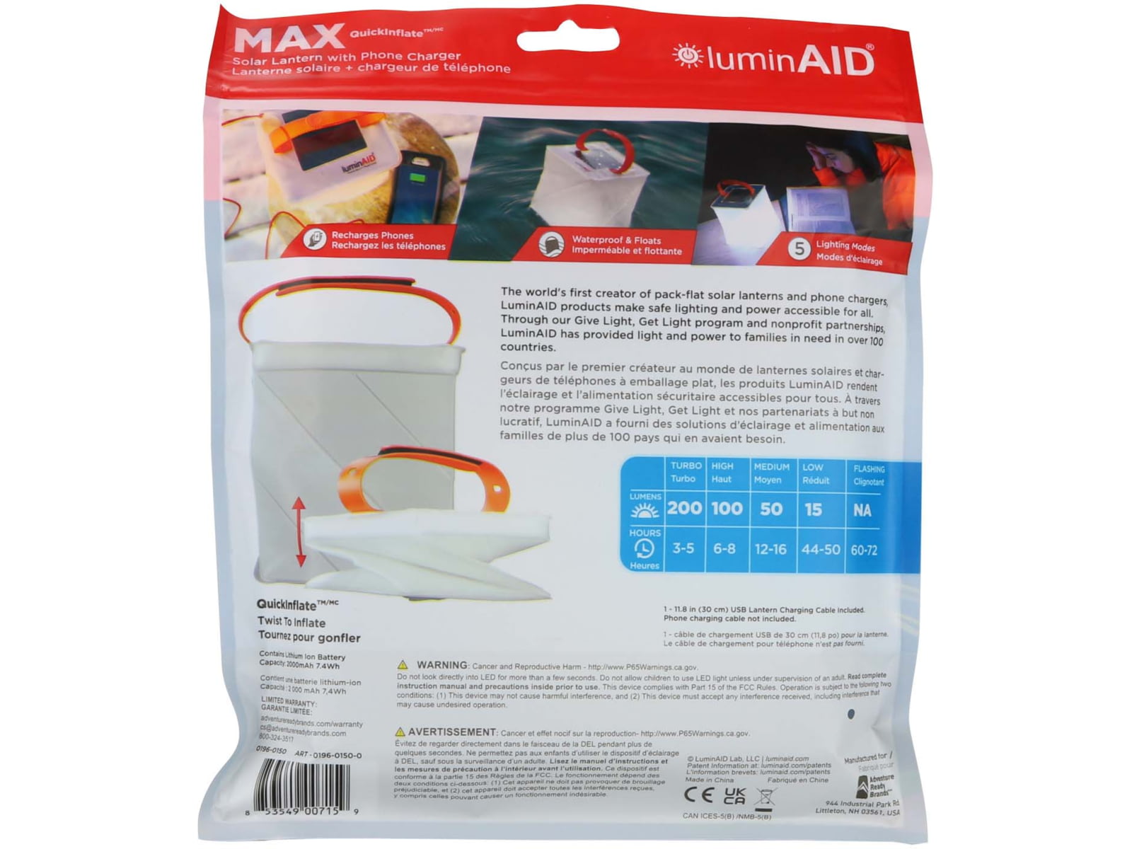 LuminAID Max QI Solar Lantern w/Phone Charger White