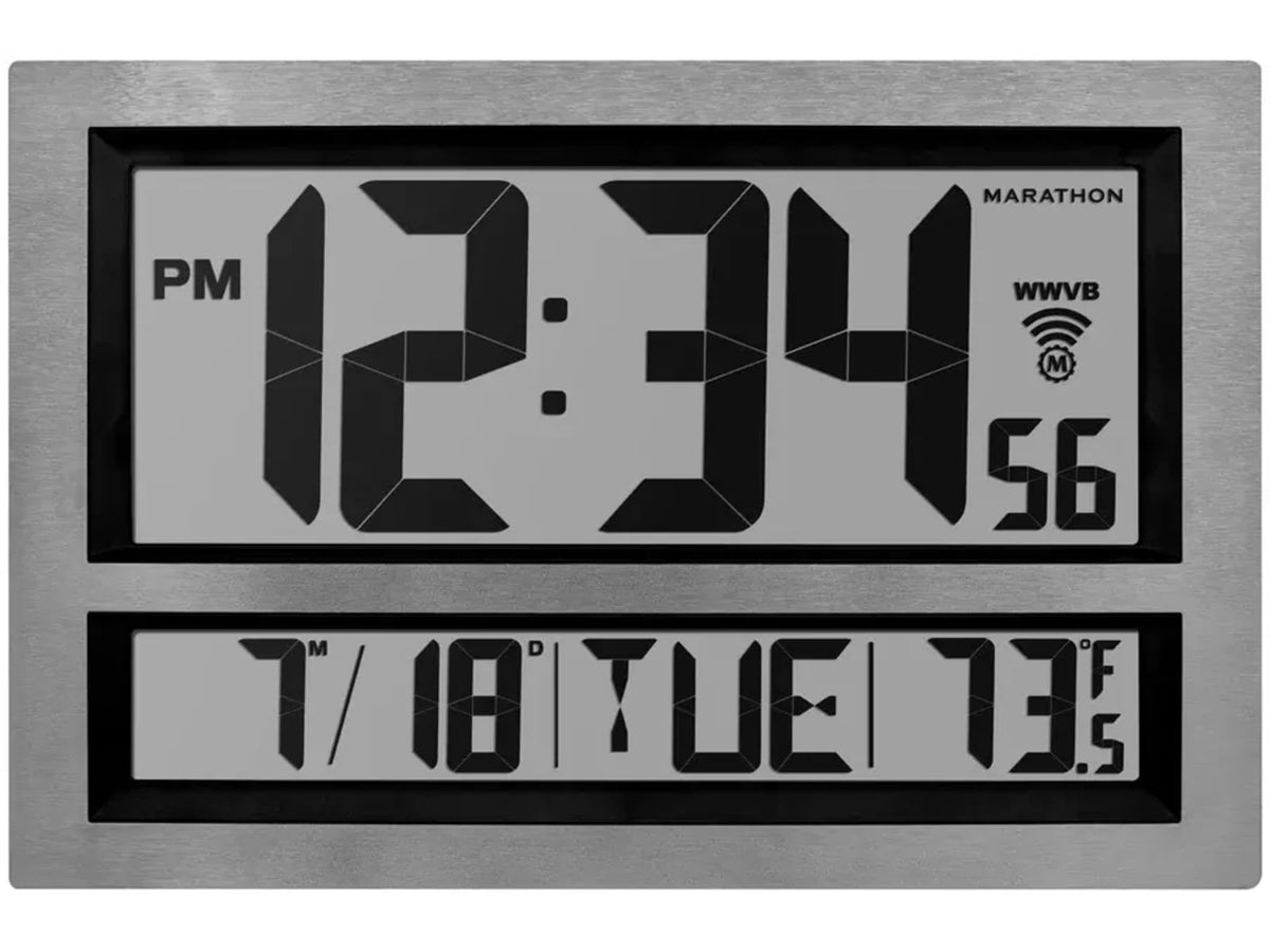 Marathon Clock Jumbo LCD Atomic Wall Clock Silver 16.7 x 1.9 x