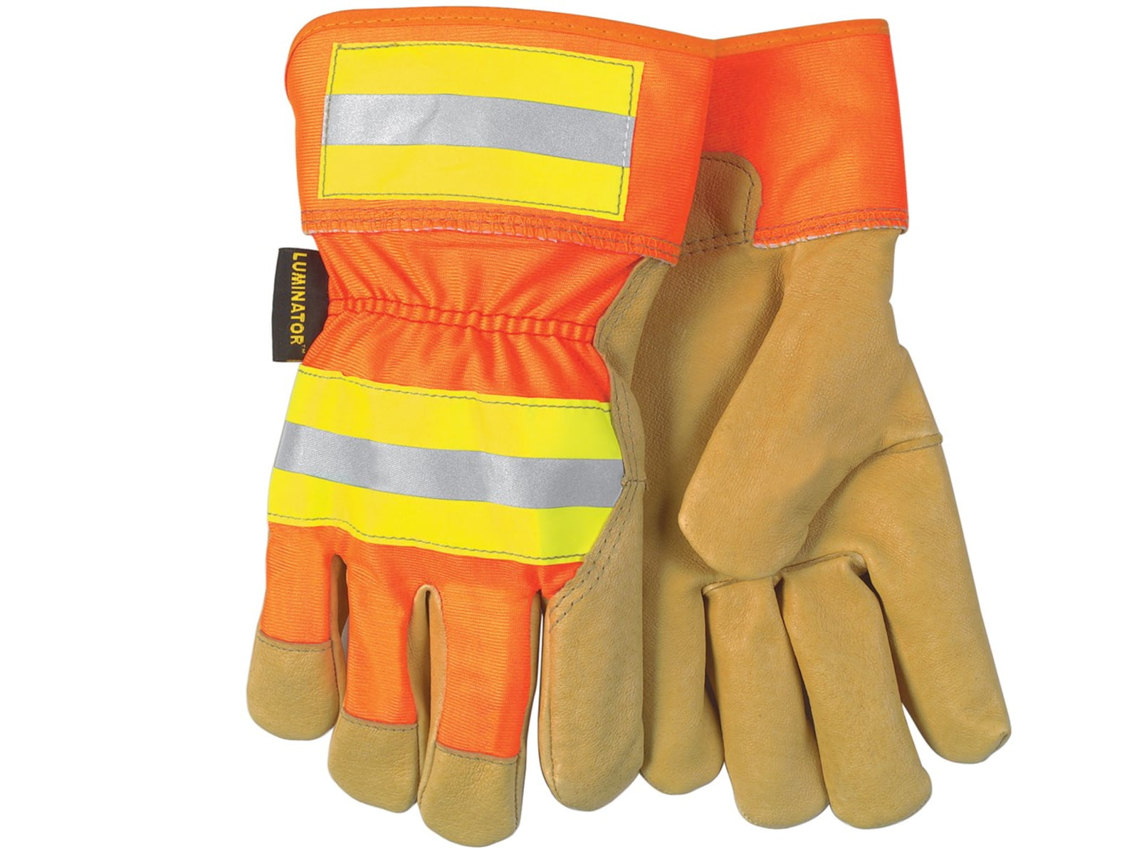MCR Safety Luminator Grain Pigskin Leather Palm Work Gloves Hi-Vis Back and 2.5in Safety Cuff Fleece Lined Palm Gold Large 19251L