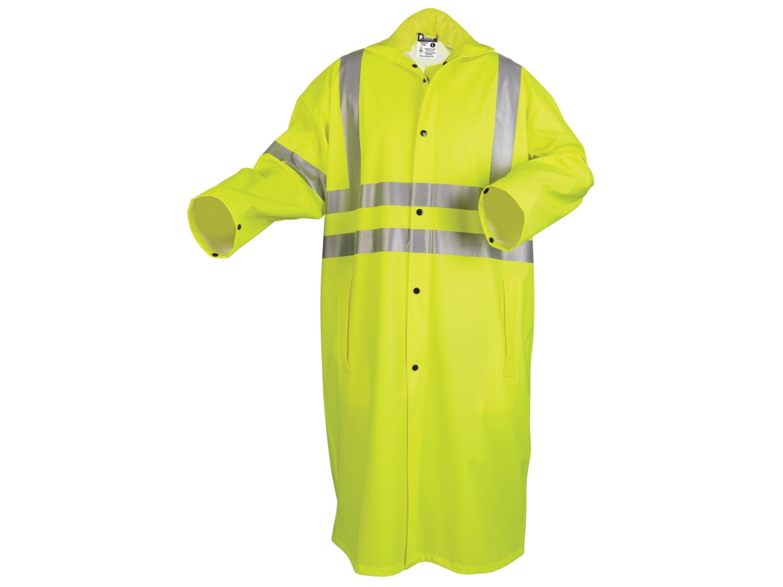MCR Safety Luminator Hi Vis Long Waterproof Raincoat with Silver Reflective Stripes .40mm PU/Cotton Poly Blend Stretch ANSI 107 Type R Class 3 Fluorescent Lime XL 518CXL