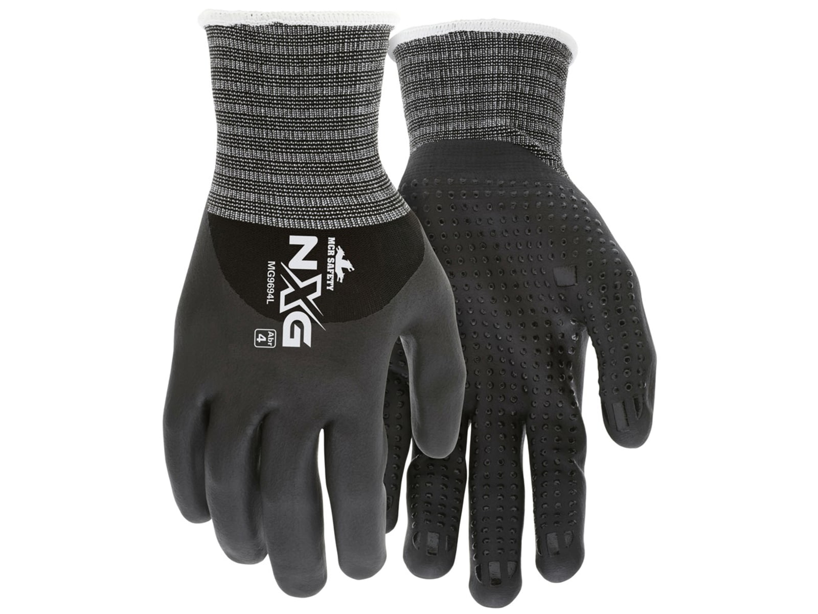 MCR Safety NXG Work Gloves 15 Gauge Nylon Spandex Shell Bi-Polymer Coated Palm Fingers and Over Knuckles Nitrile Dotted Palm Black X - Large MG9694XL