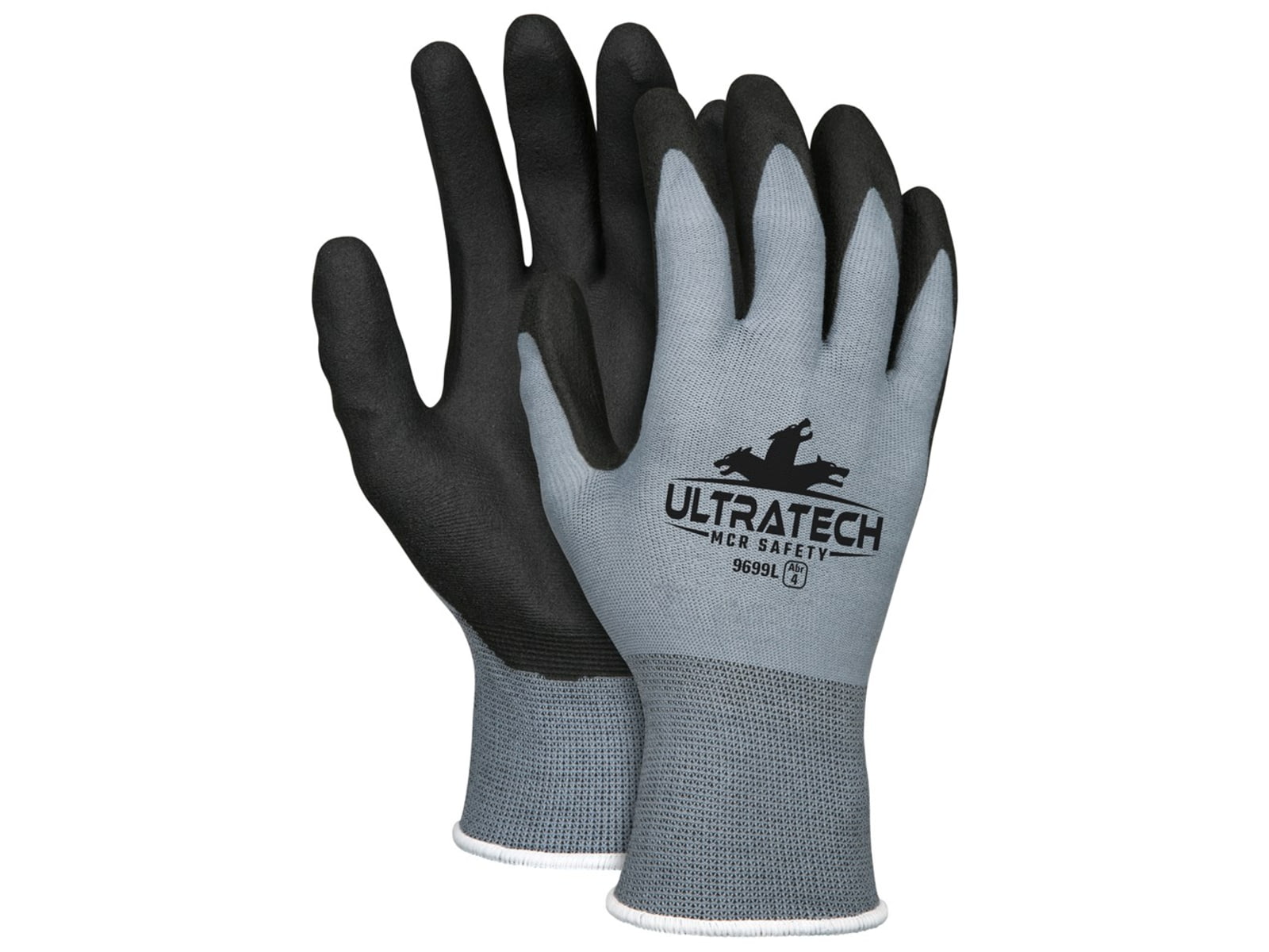 MCR Safety UltraTech Work Gloves 15 Gauge Nylon Shell HPT Palm and Fingertips Black/Gray Large 9699L