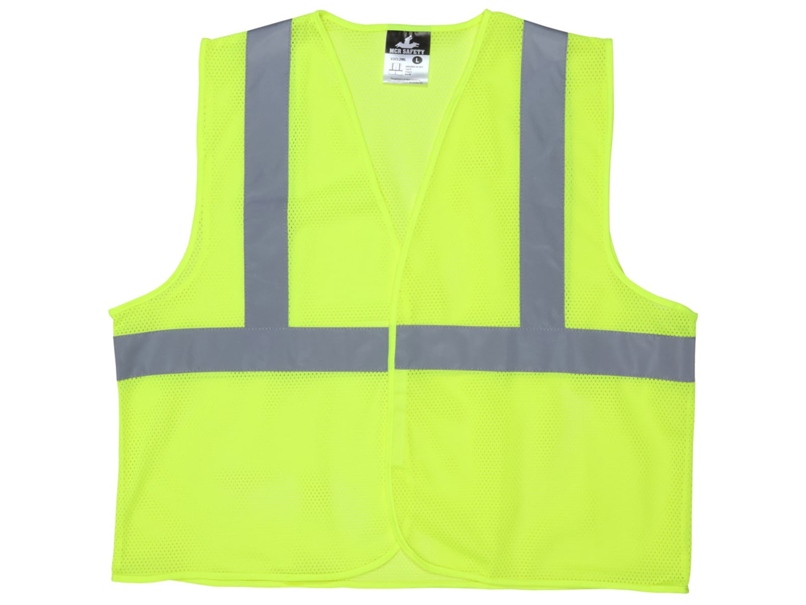 MCR Safety V2CL2MLL Hi Vis Reflective Safety Vest ANSI Type R Class 2 Mesh with 2in Silver Stripes Hook and Loop Front Closure Fluorescent Lime