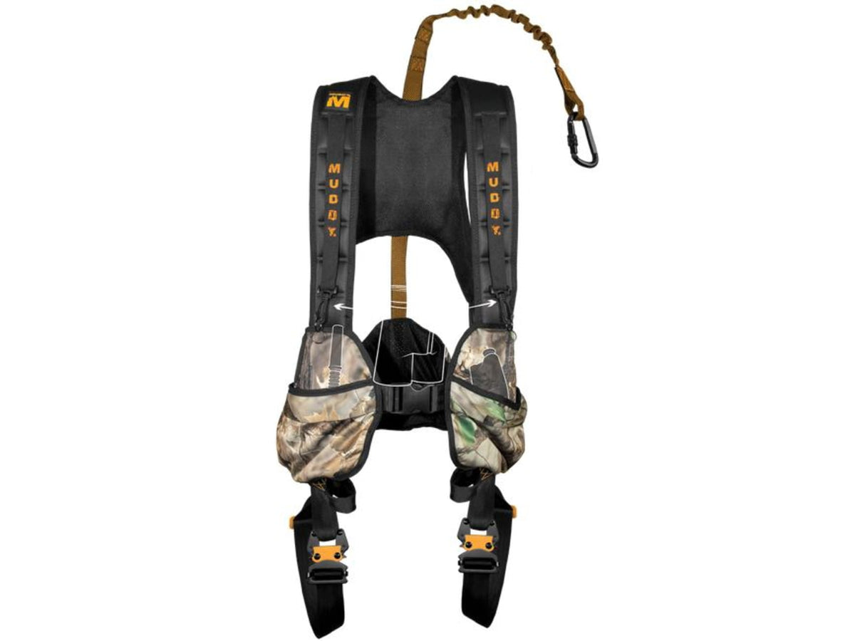 Muddy Crossover Harness Combo includes Lineman's Belt Tree Strap Suspension Releif Strap Caribiner Safe-Line Black/Orange L