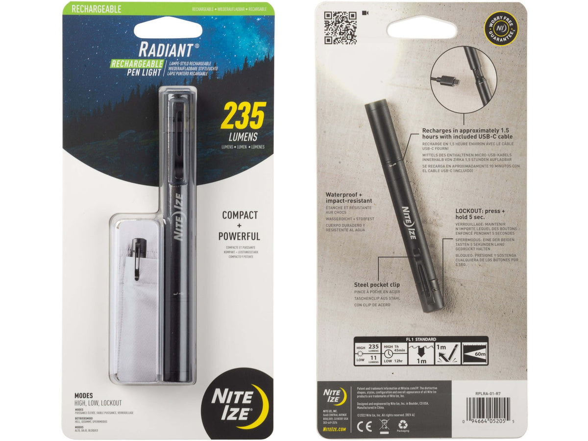 Nite Ize Radiant Rechargeable LED Pen Light White 235 Lumens Black RPLRA-01-R7
