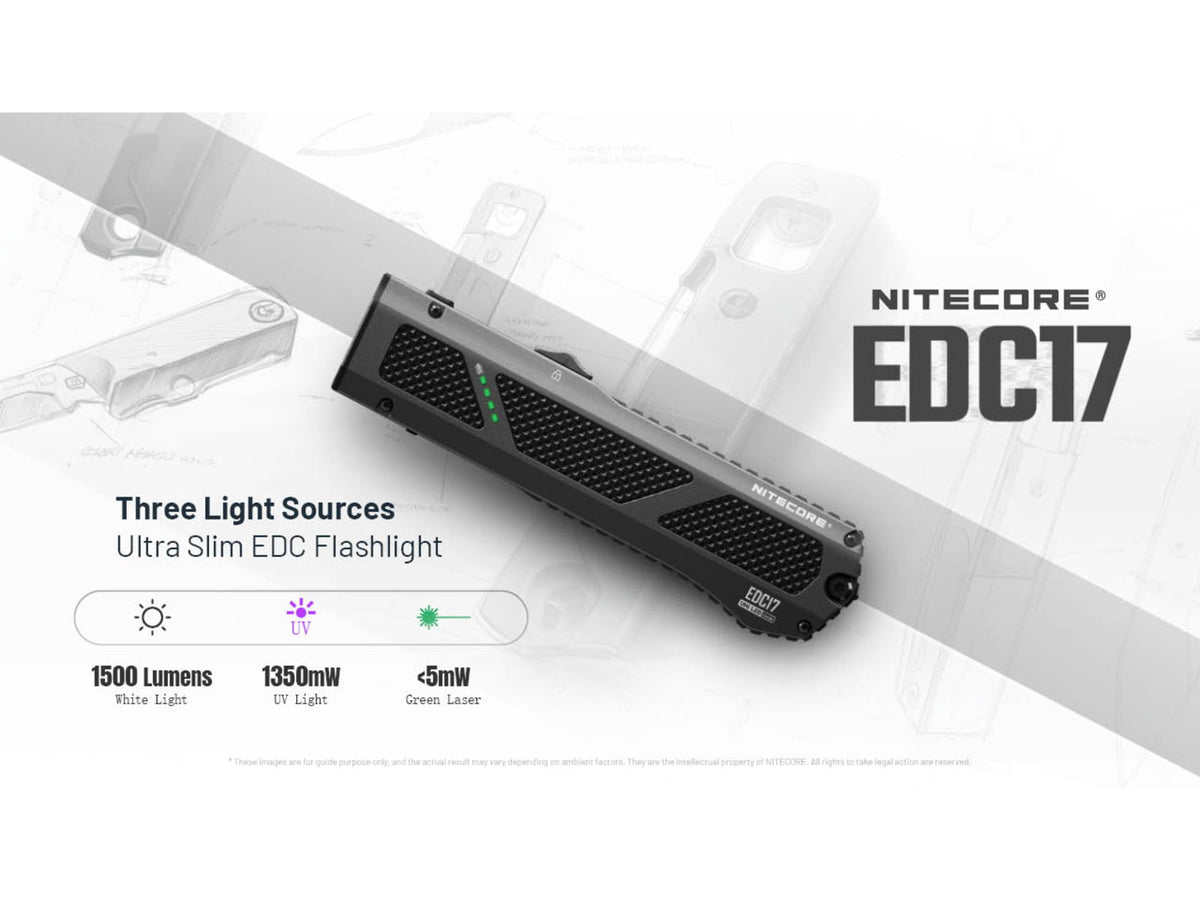 Nitecore EDC17 Rechargeable EDC Flat Lithium Ion 1500 Lumens Flashlight w/White LED UV and Green Laser Black