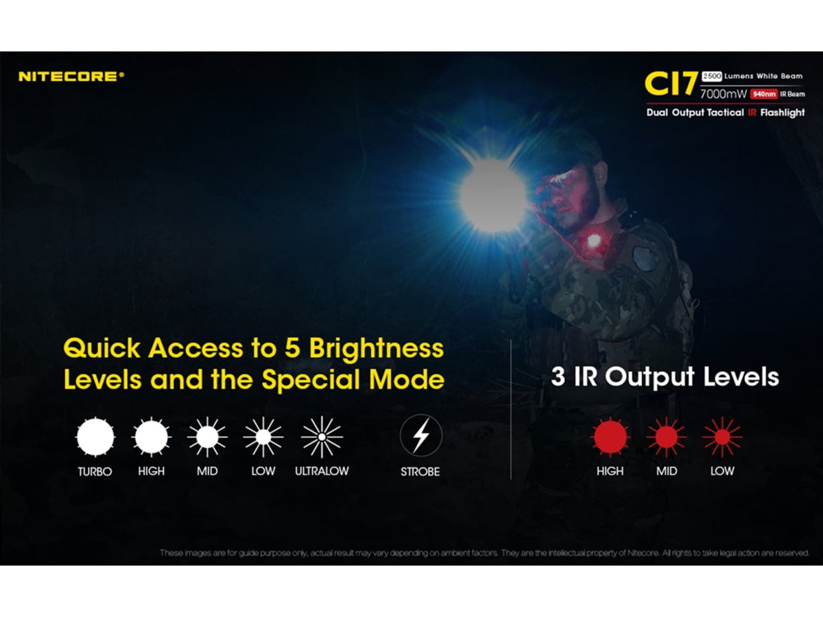 Nitecore CI7 White/Infrared IR CREE XP-G3 S3 LED Flashlight 18650 White 2500 Lumens Black