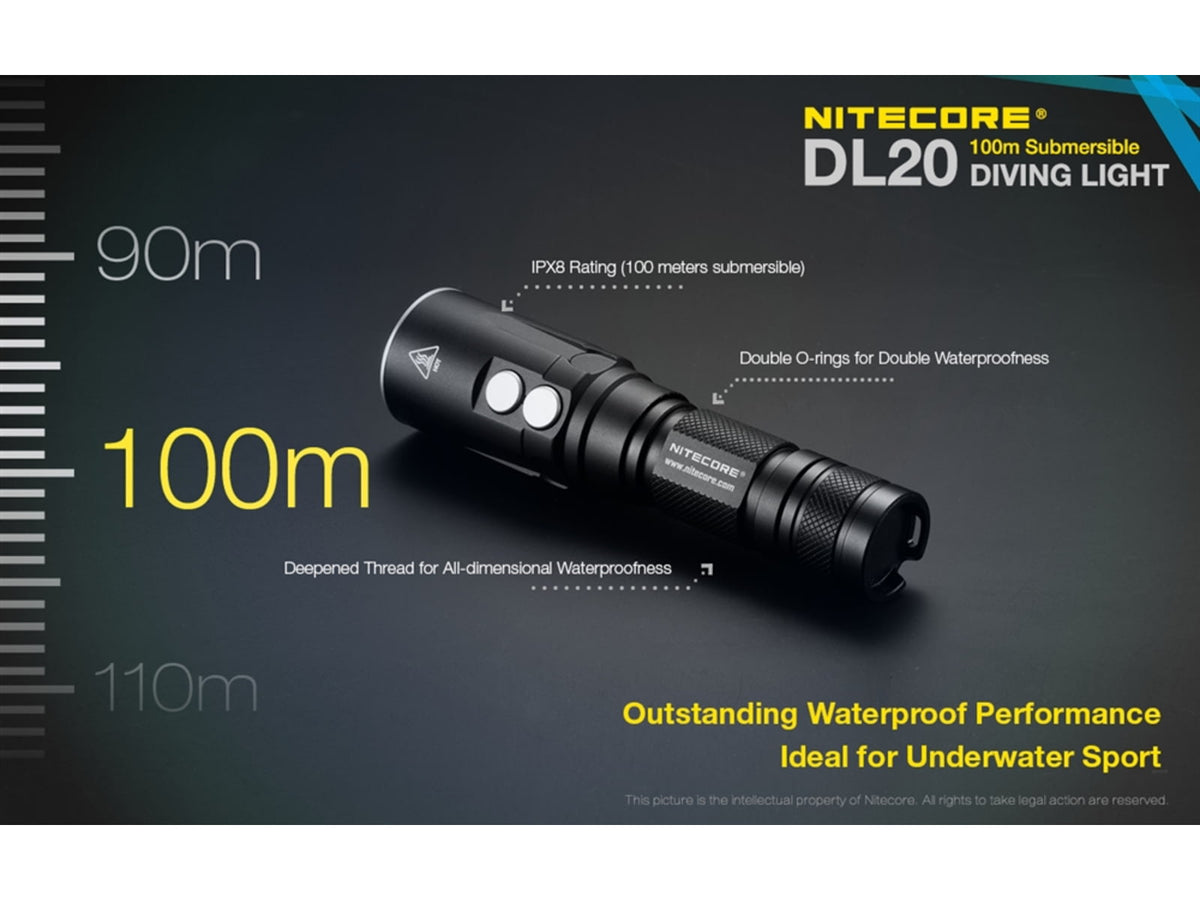 Nitecore DL20 100m Underwater Submersible 1000 Lumen Dive Light with Red Light Black 6952506405275
