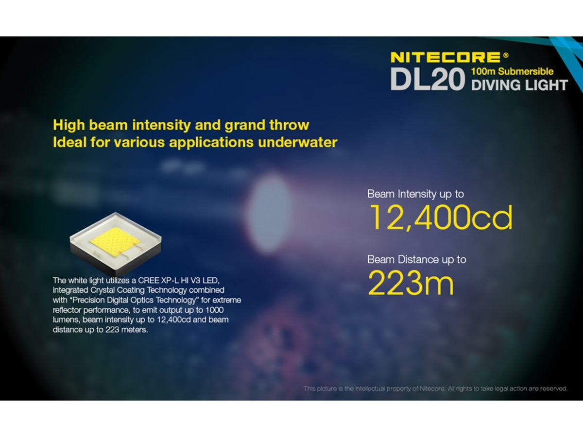 Nitecore DL20 100m Underwater Submersible 1000 Lumen Dive Light with Red Light Black 6952506405275