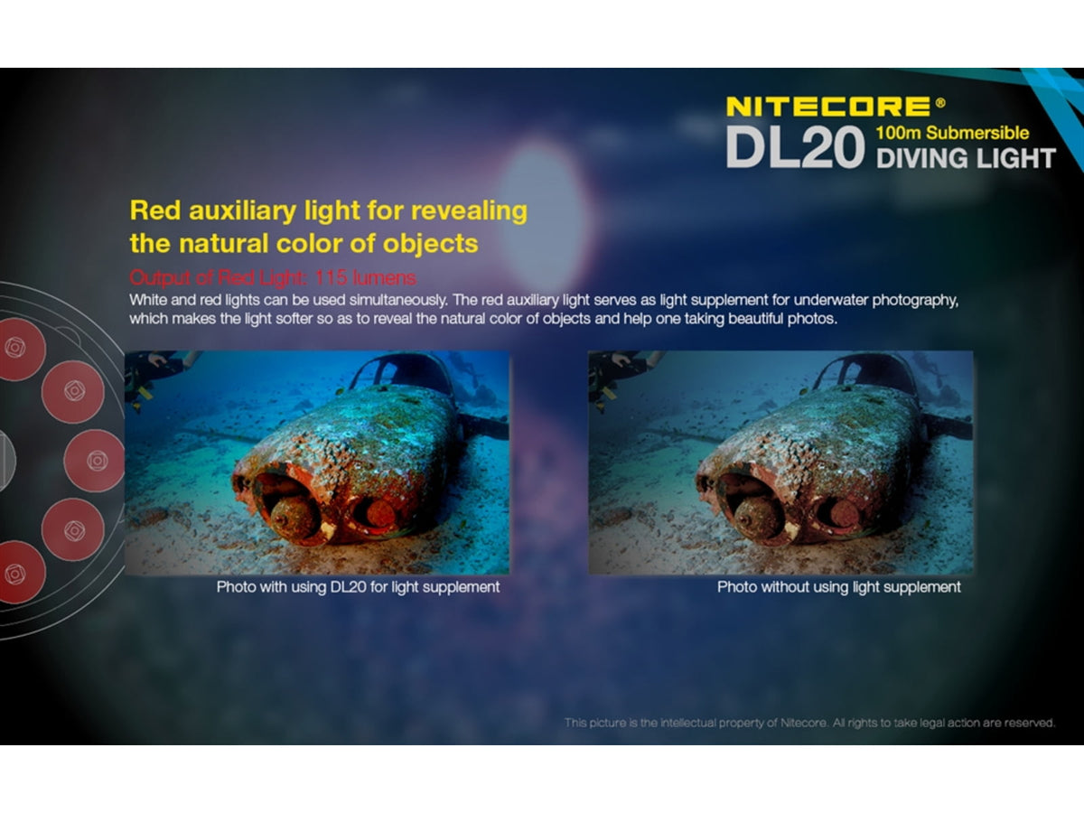 Nitecore DL20 100m Underwater Submersible 1000 Lumen Dive Light with Red Light Black 6952506405275