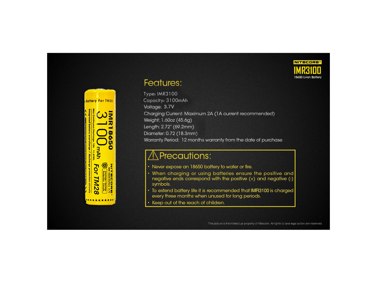 Nitecore IMR18650 for TM28 Concept 1. 3100mAH Protected Yellow 6952506492220