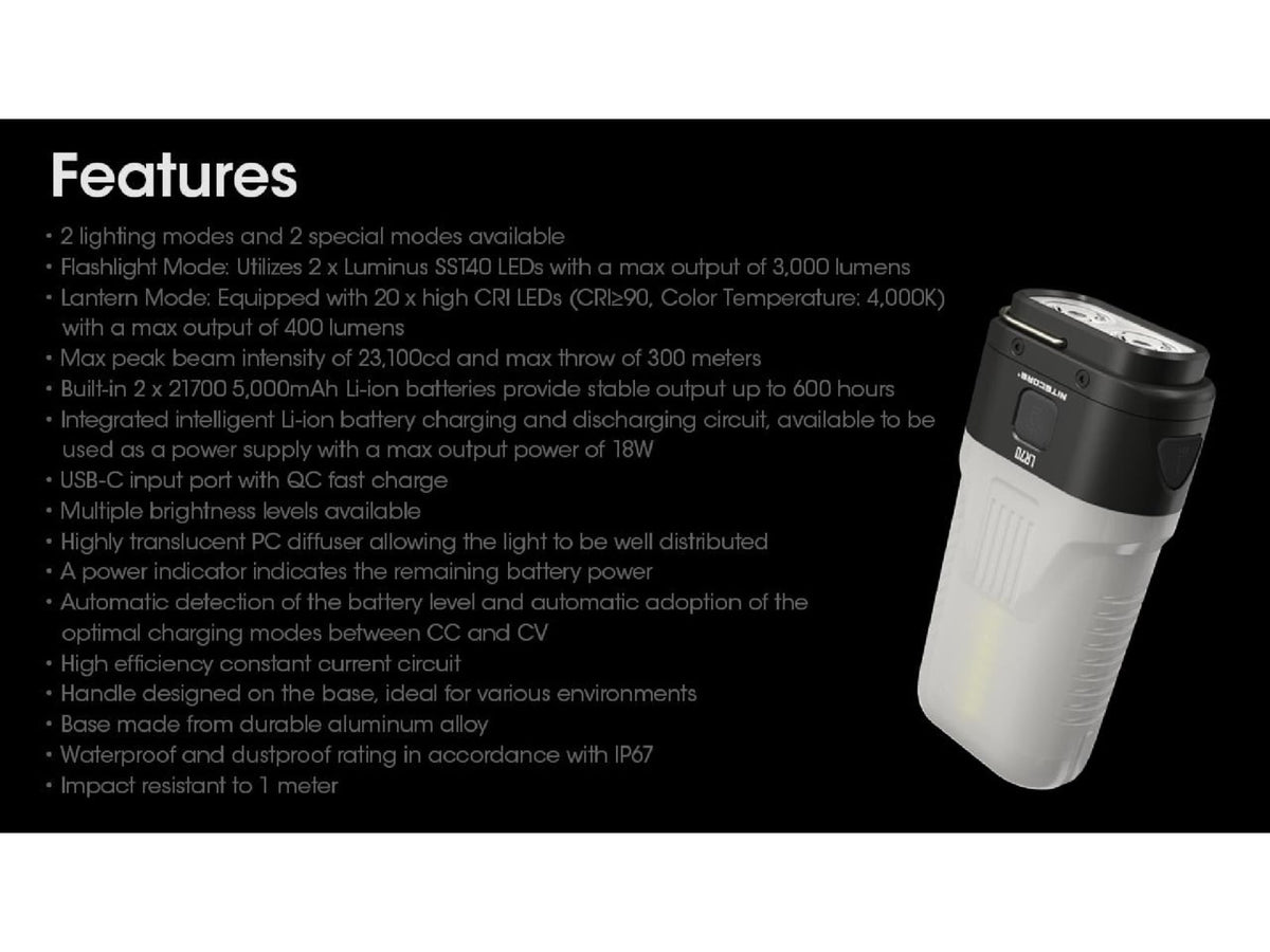 Nitecore LR70 3-in-1 Rechargeable Lantern 3000 Lumens Black FL-NITE-LR70