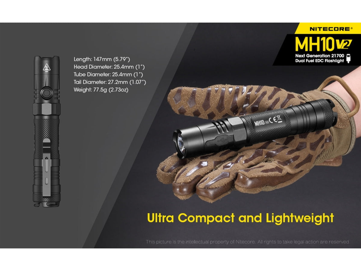 Nitecore MH10 v2 CREE XP-L2 V6 USB-C Rechargeable Flashlight 21700 White 1200 Lumens Black