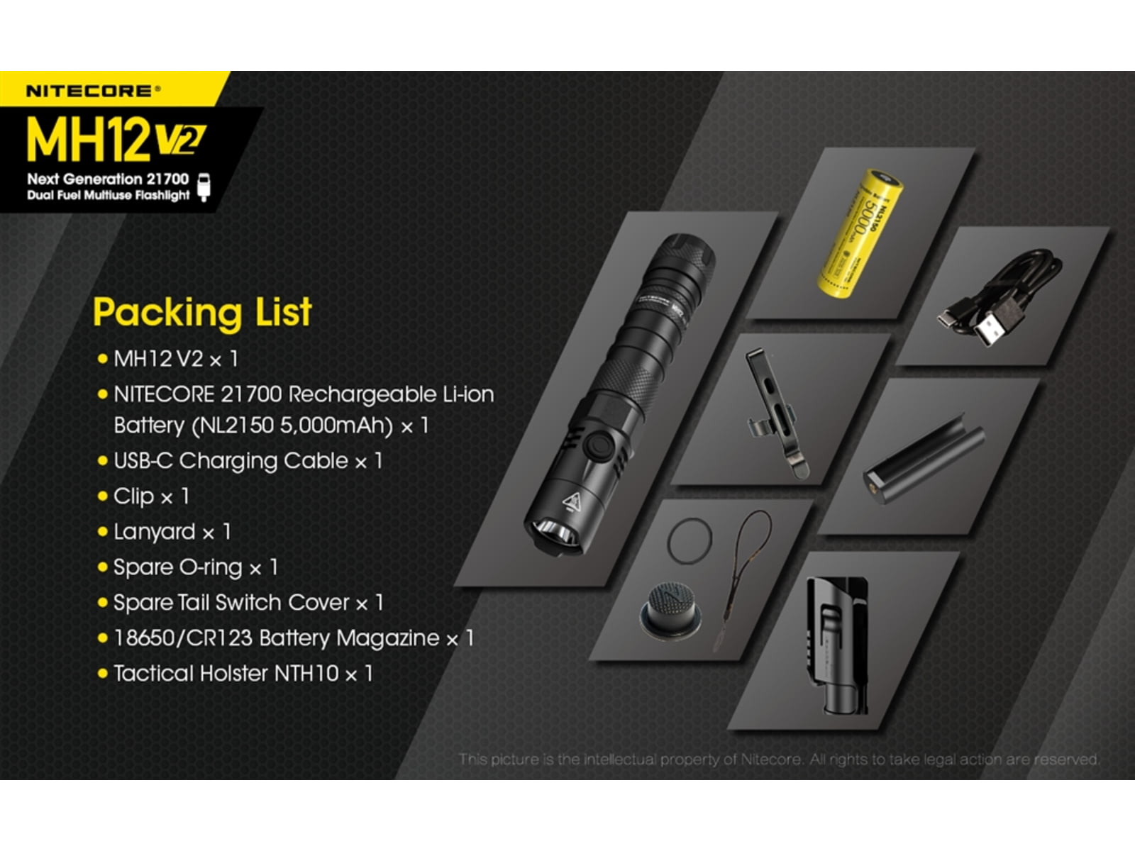 Nitecore MH12 v2 CREE XP-L2 V6 LED USB-C Rechargeable Flashlight w/5000mAh Battery 21700 White 1200 Lumens Black
