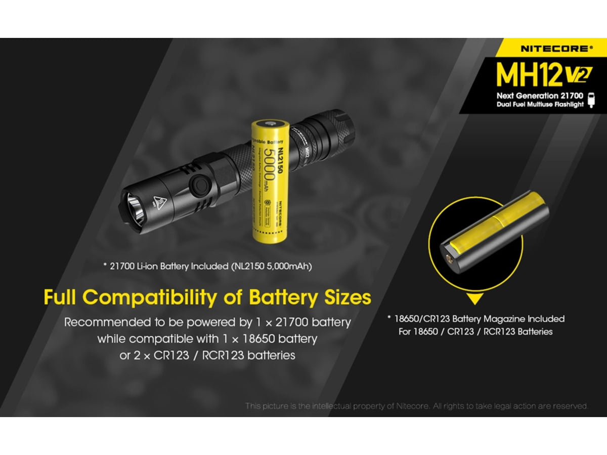 Nitecore MH12 v2 CREE XP-L2 V6 LED USB-C Rechargeable Flashlight w/5000mAh Battery 21700 White 1200 Lumens Black