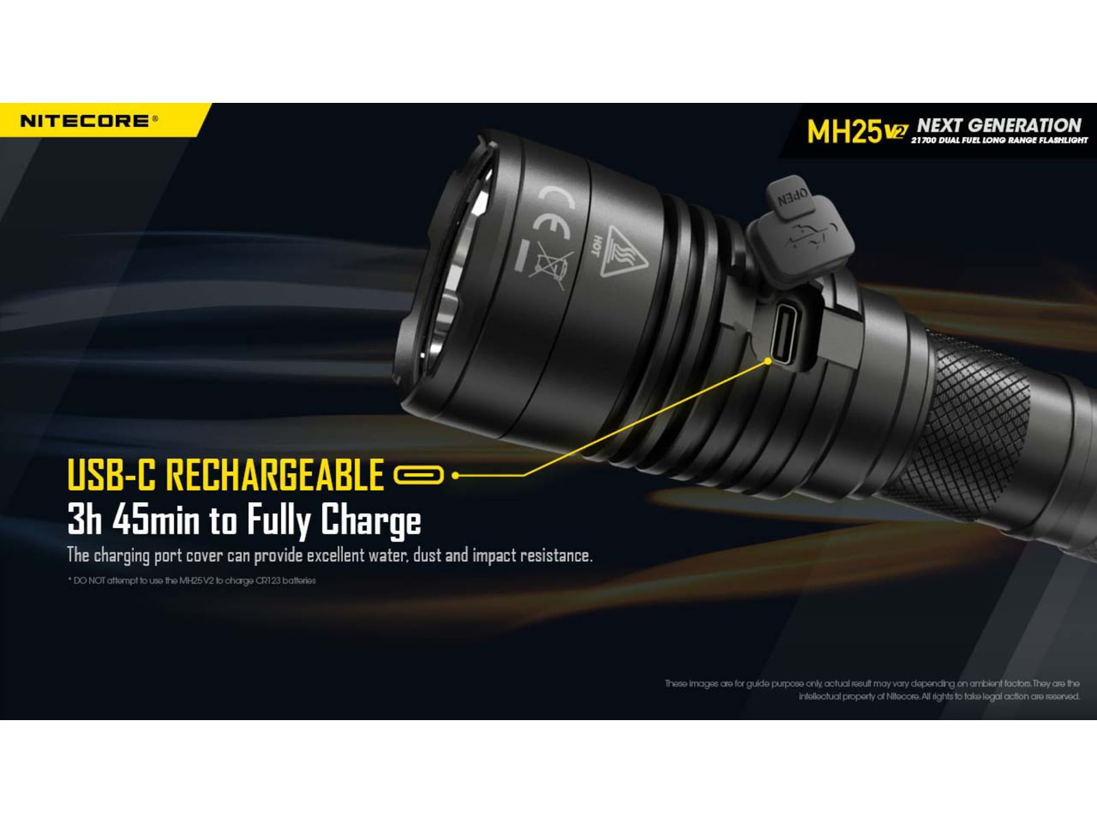 Nitecore MH25 v2 High Performance White USB-C Rechargeable Flashlight 21700 White 1300 Lumens Black