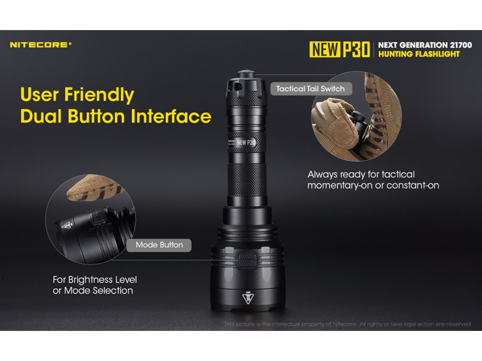 Nitecore New P30 CREE XP-L HI V3 LED 676 Yard Long Throw Hunting Flashlight 21700 White 1000 Lumens Black