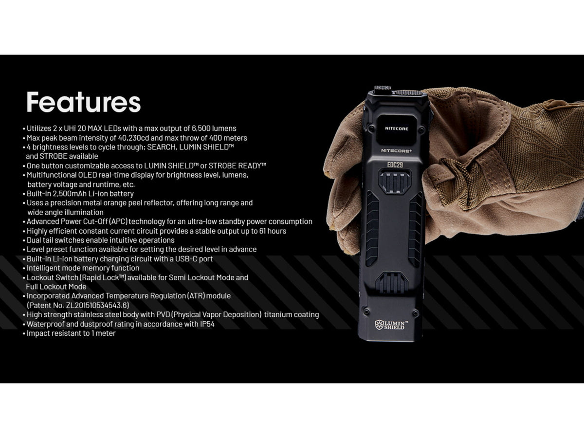 Nitecore EDC29 6500 Lumen 2500 Li-Ion USB-C Rechargeable LED Flat EDC Flashlight OD Green EDC29-GN