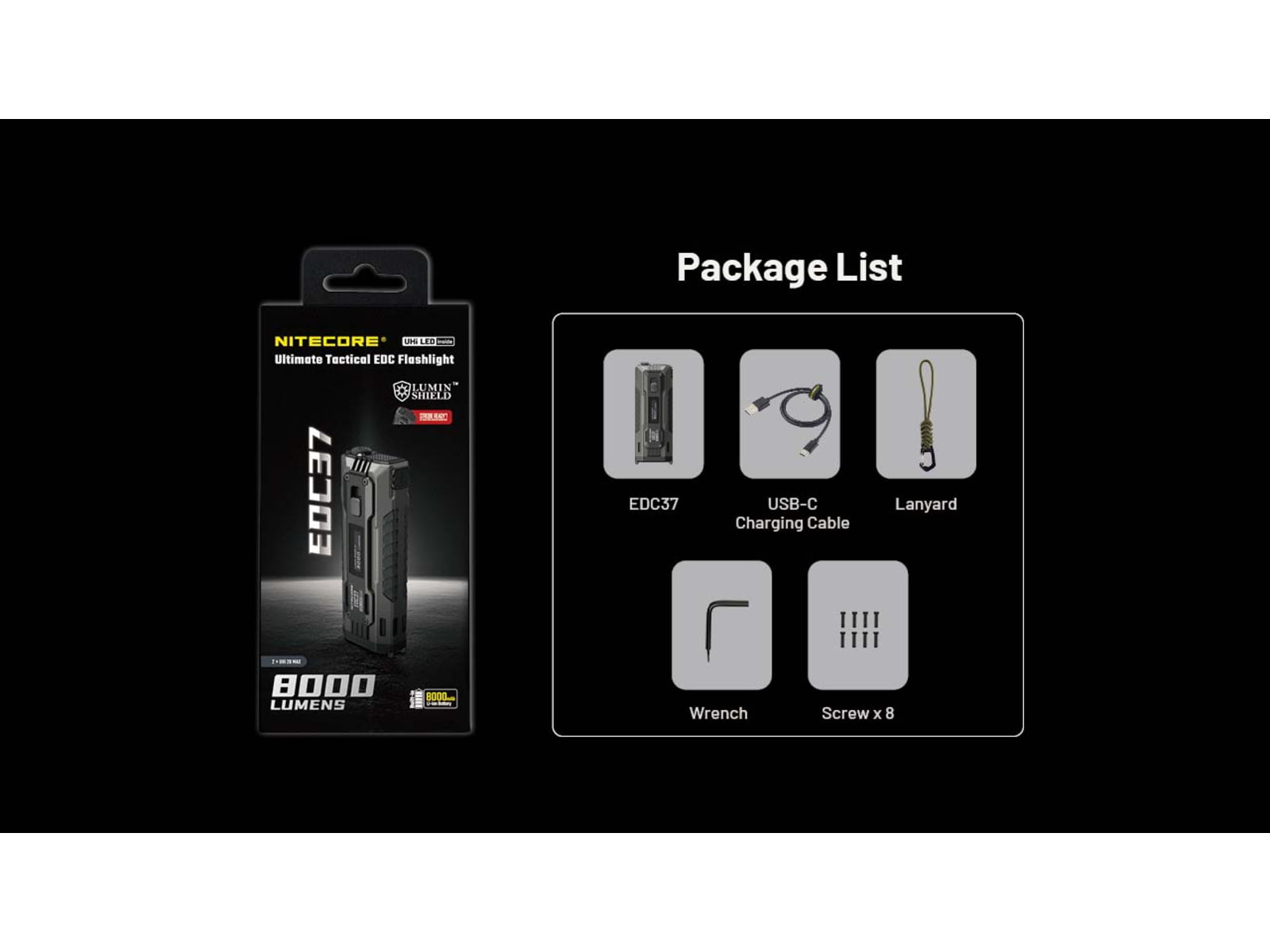 Nitecore EDC37 USB-C Rechargeable 8000 Lumens LED EDC Flashlight Black