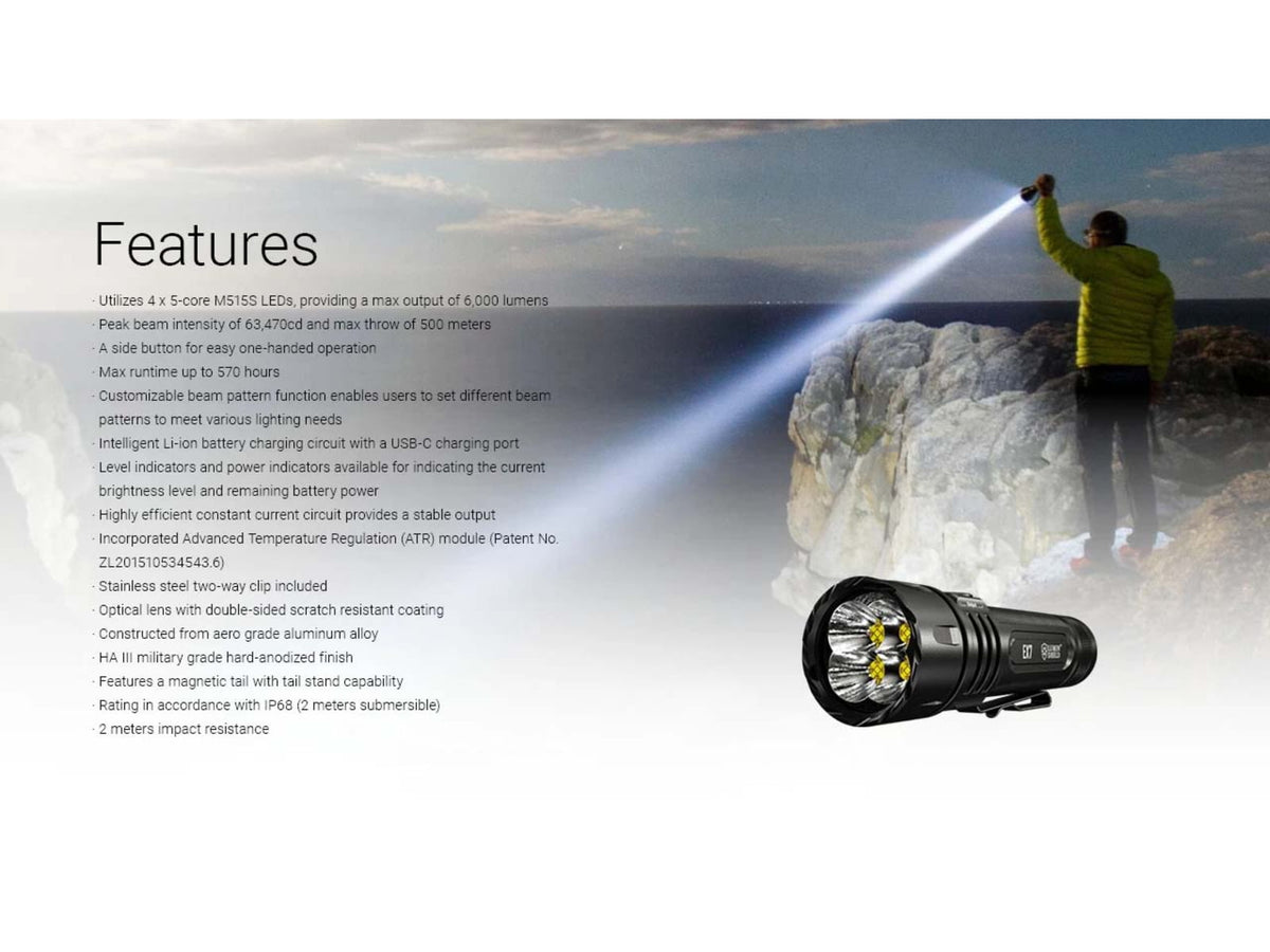 Nitecore EX7 USB-C Rechargeable 6000 Lumens LED Flashlight Black 6952506409563