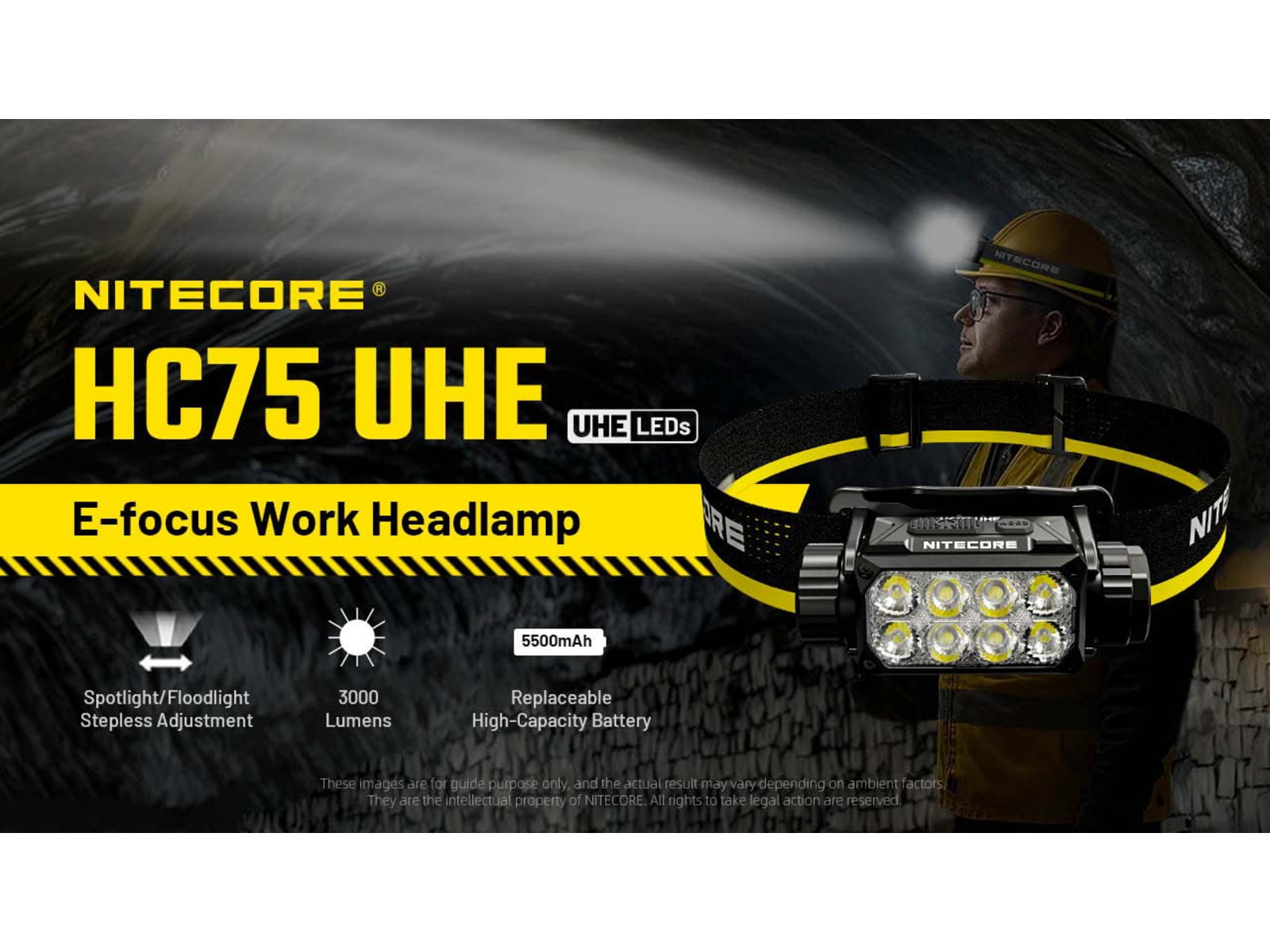 Nitecore HC75 UHE USB-C Rechargeable 3000 Lumens LED Zoomable Headlamp Black