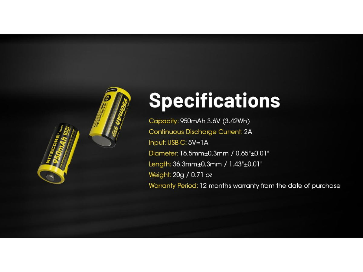 Nitecore NL169R 950mAh USB-C Rechargeable 16340 Battery