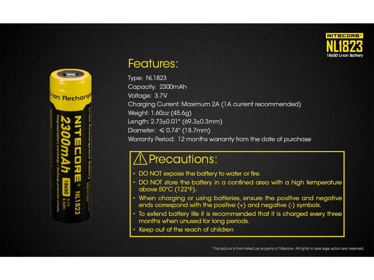 Nitecore NL1823 2300mAh Rechargeable 18650 Battery Yellow 6952506491476