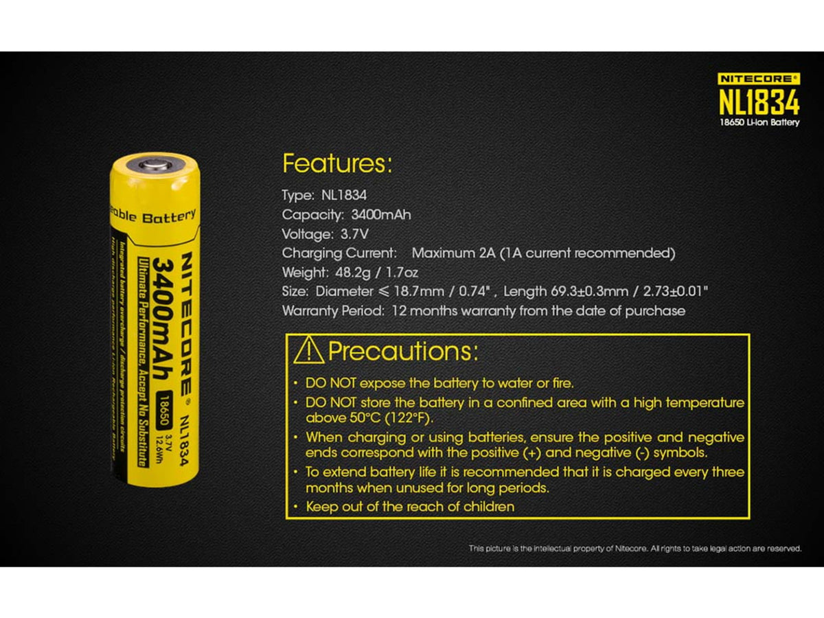 Nitecore NL1834 3400mAh Rechargeable 18650 Battery Yellow