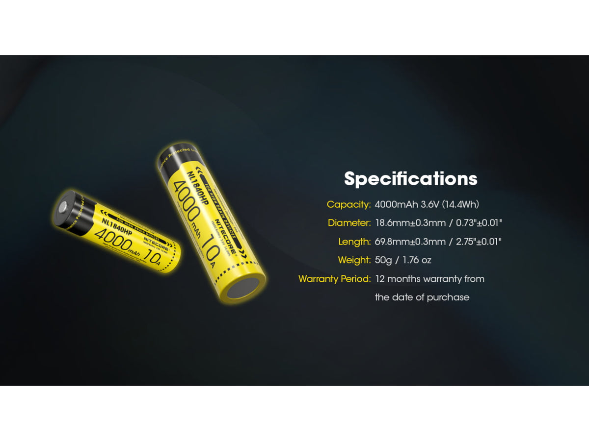 Nitecore NL1840HP 4000mAh Rechargeable 18650 Battery Black/Yellow