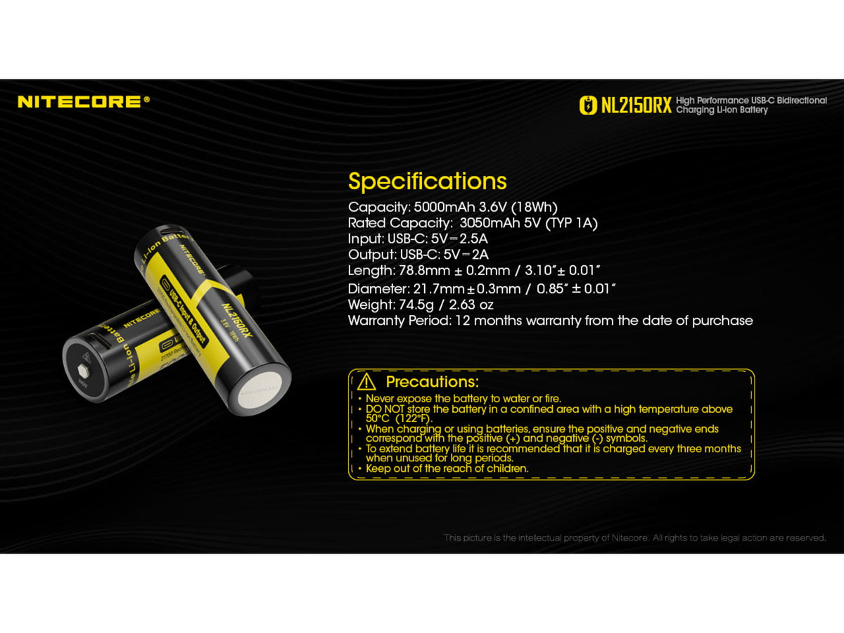 Nitecore NL2150RX 5000mAh USB-C Rechargeable 21700 Battery Black/Yellow 6952506495535