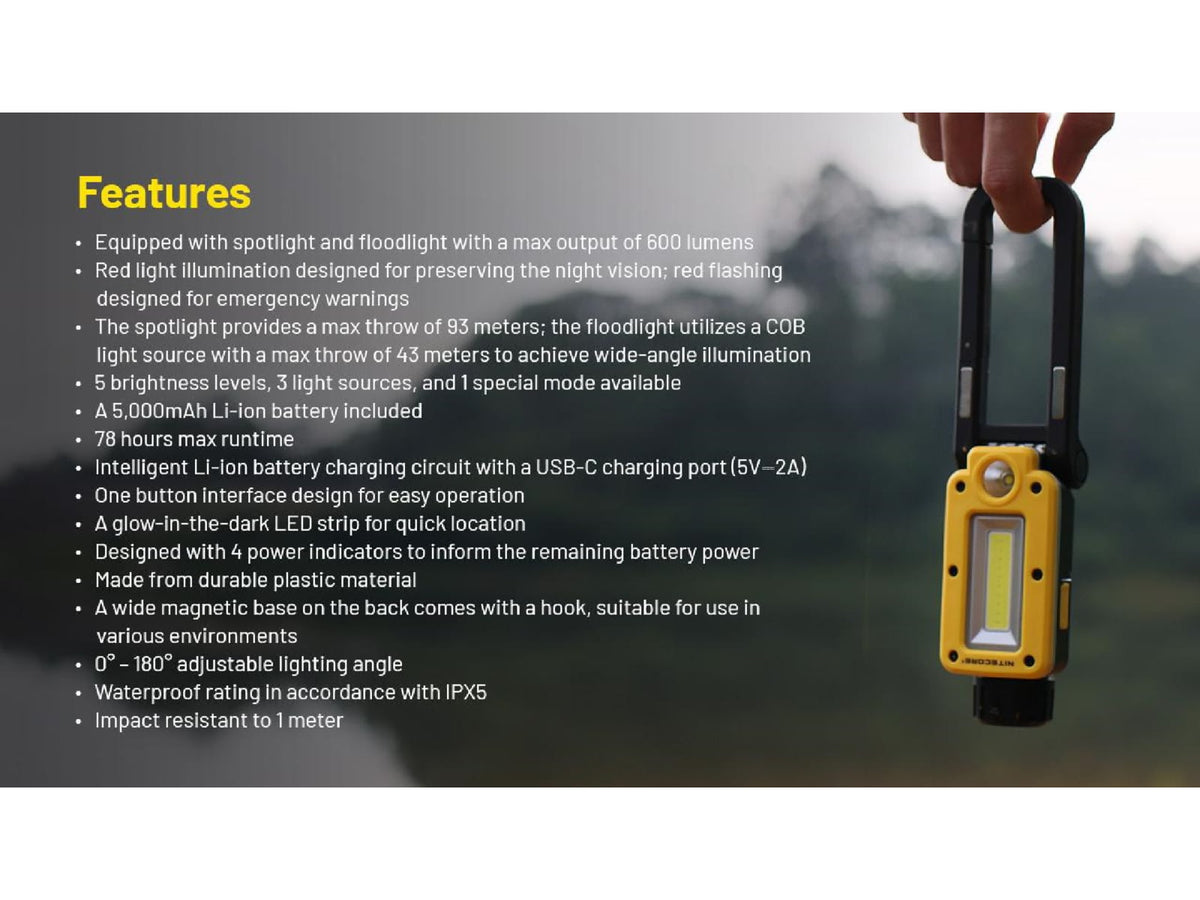 Nitecore NWL20 Rechargeable COB Mechanics Flashlight 600 Lumens Black