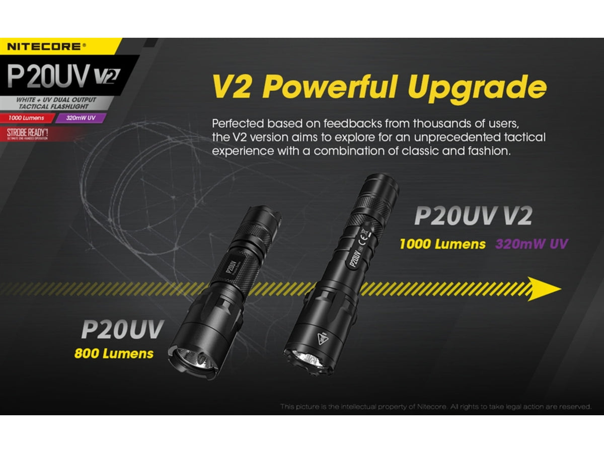 Nitecore P20UV V2 CREE XP-L2 V6 LED Flashlight 18650 White 1000 Lumens Black