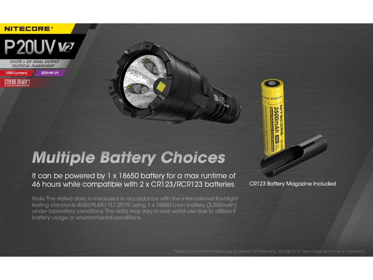 Nitecore P20UV V2 CREE XP-L2 V6 LED Flashlight 18650 White 1000 Lumens Black