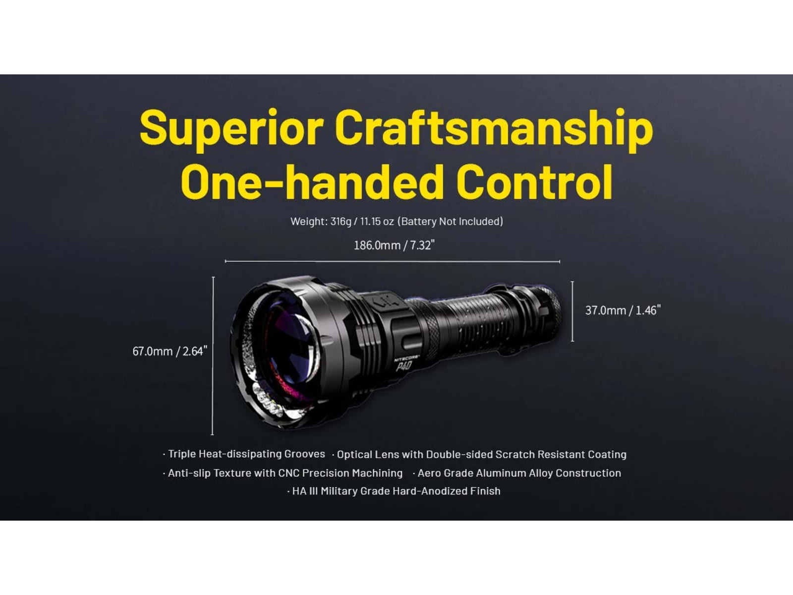Nitecore P40 3171 Yards Ultra Long Throwing USB-C Rechargeable 2000 Lumens LED Flashlight Black