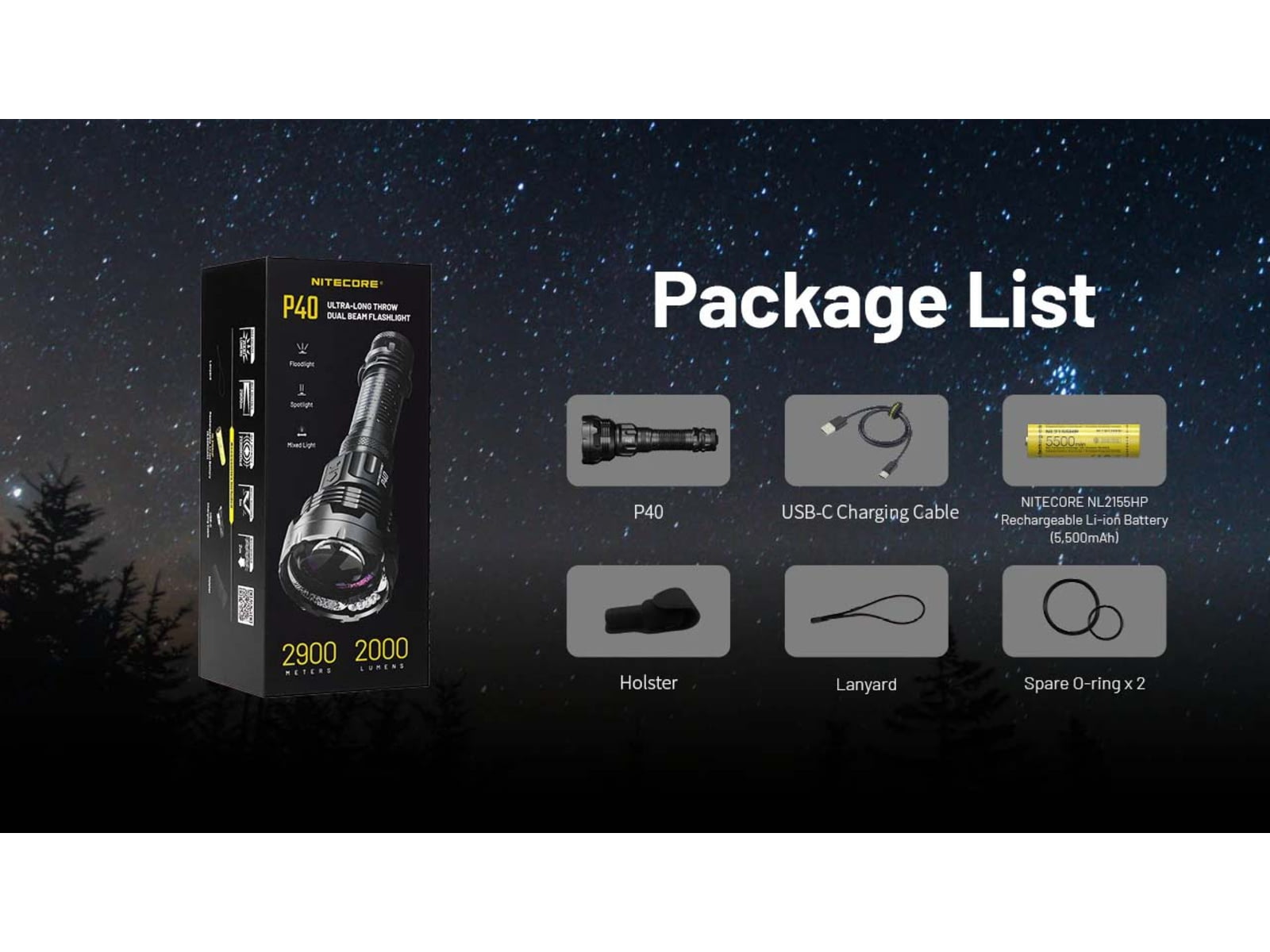 Nitecore P40 3171 Yards Ultra Long Throwing USB-C Rechargeable 2000 Lumens LED Flashlight Black