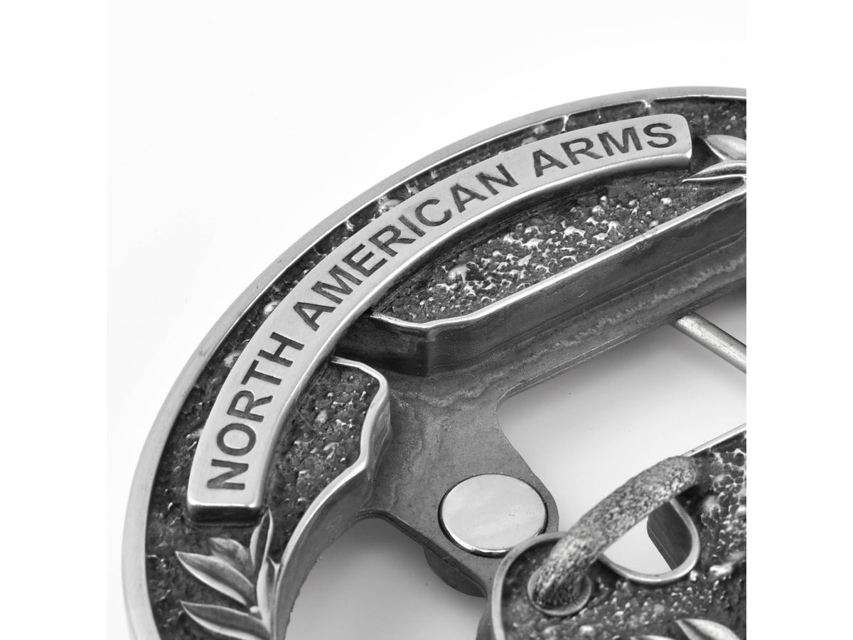 North American Arms 1 1/8 Long Rifle Ova Ornate Belt Buckle w/ Secure Clip Release Fits Belts 1 Inch to 1 1/2 Inch Steel NAABBO-L