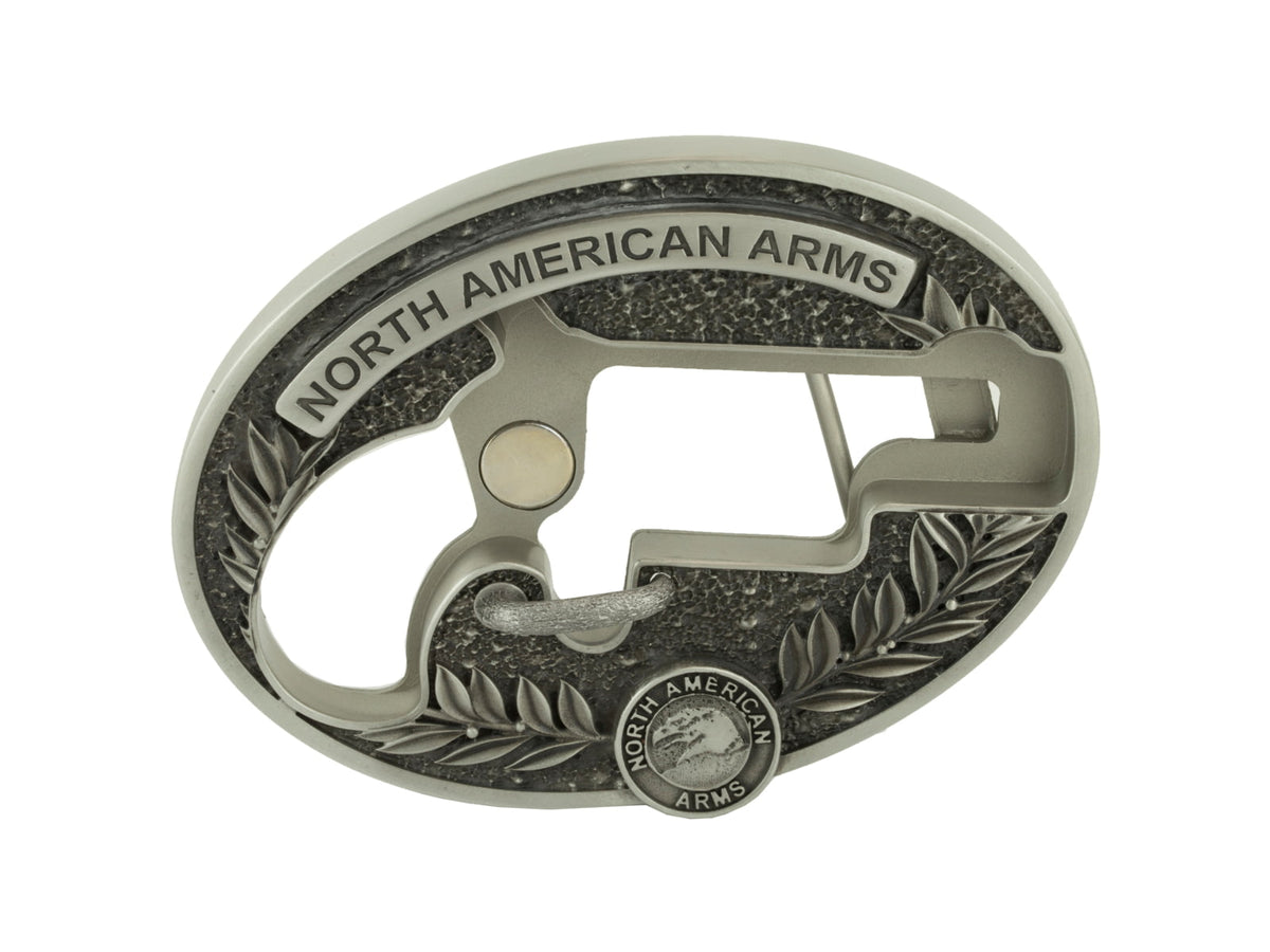North American Arms 1 1/8 Long Rifle Ova Ornate Belt Buckle w/ Secure Clip Release Fits Belts 1 Inch to 1 1/2 Inch Steel NAABBO-L