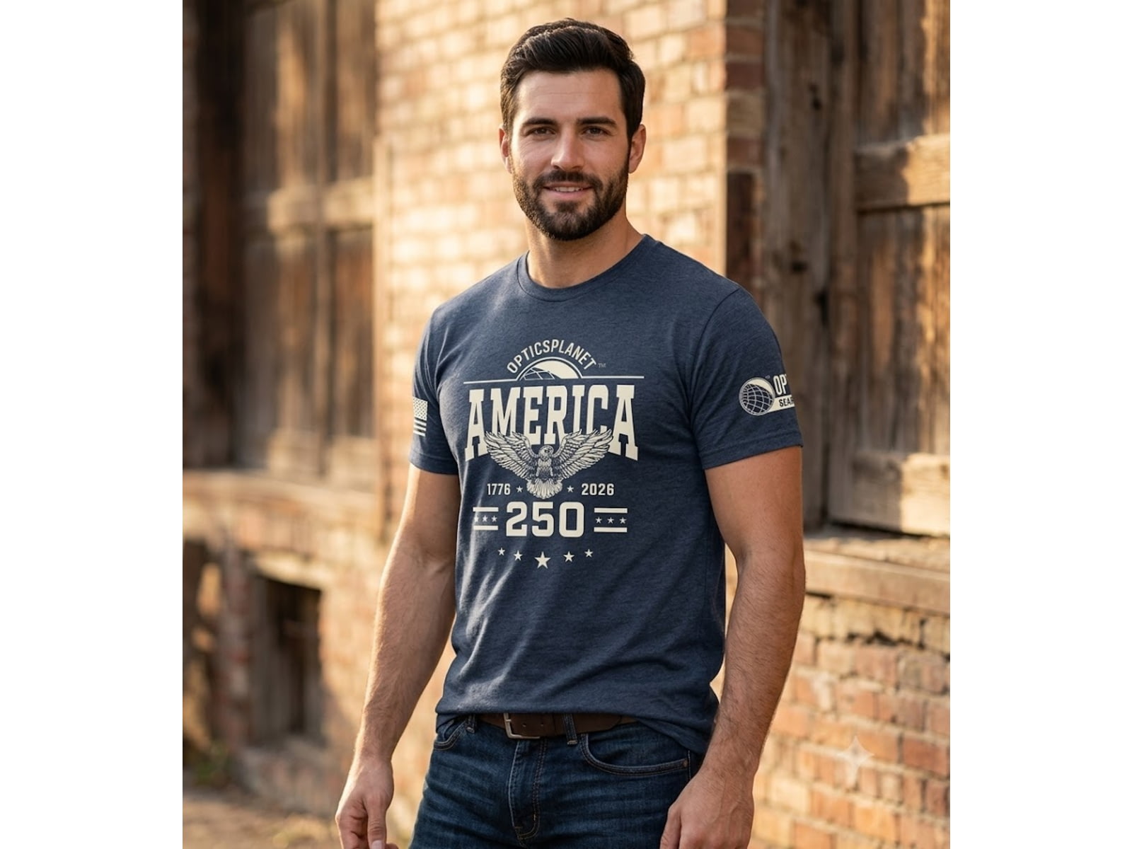 OpticsPlanet America's 250th Birthday Limited Edition Shirt Navy Blue w/ Off White Lettering