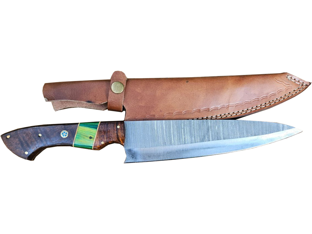 Paladin Damascus Fixed Blade Chef Knife 11 in Blade Damascus Steel Wood