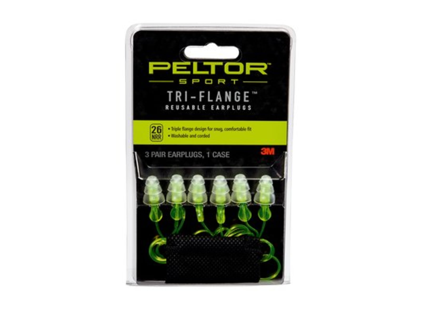 Peltor Sport Tri-Flange Corded Reusable Earplugs 3PairPack Neon Yellow