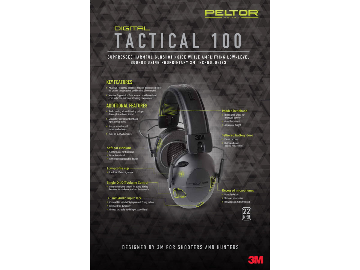 PELTOR Tactical 100 Electronic Hearing Protection Ear Muffs 22dB Black TAC100-NS-8