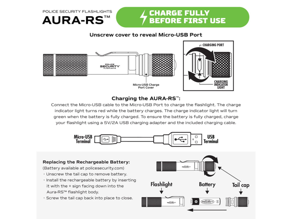 Police Security Flashlights Aura-RS 260 Lumen LED Bulb Rechargeable Penlight Black 98656