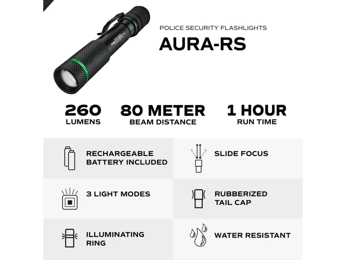 Police Security Flashlights Aura-RS 260 Lumen LED Bulb Rechargeable Penlight Black 98656