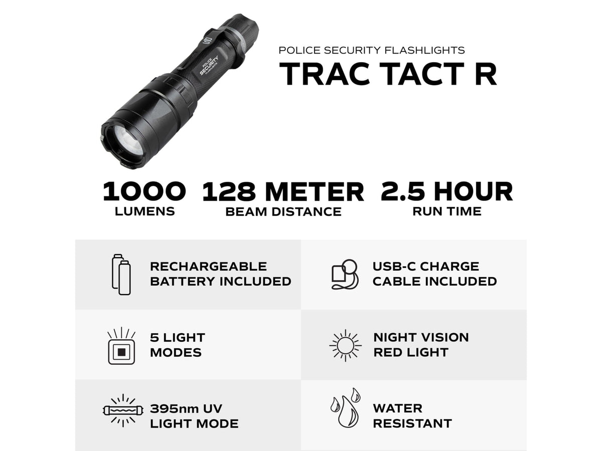 Police Security Flashlights Trac Tact-R 1000 Lumen LED Rechargeable Flashlight Black 98868