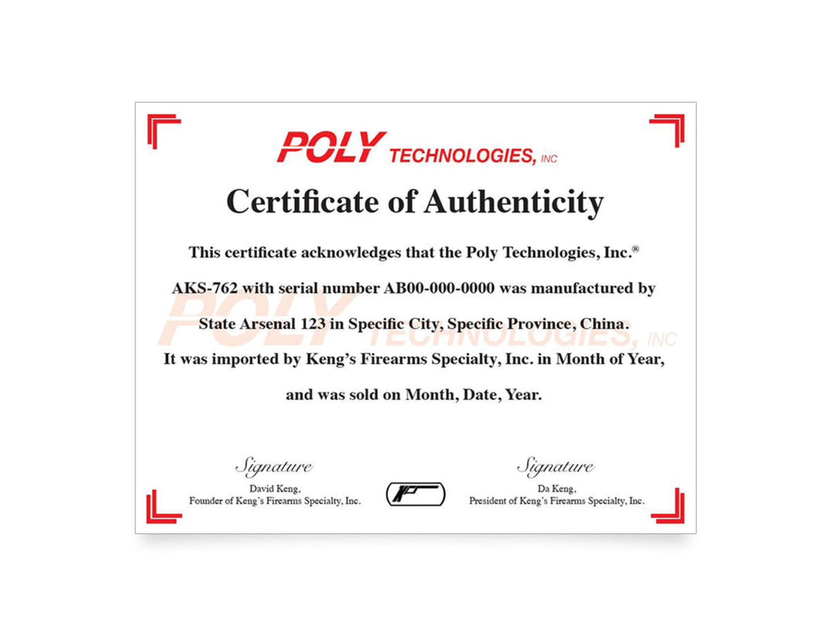 Poly Technologies Certificate of Authenticity for All Imported Rifles Black 000789