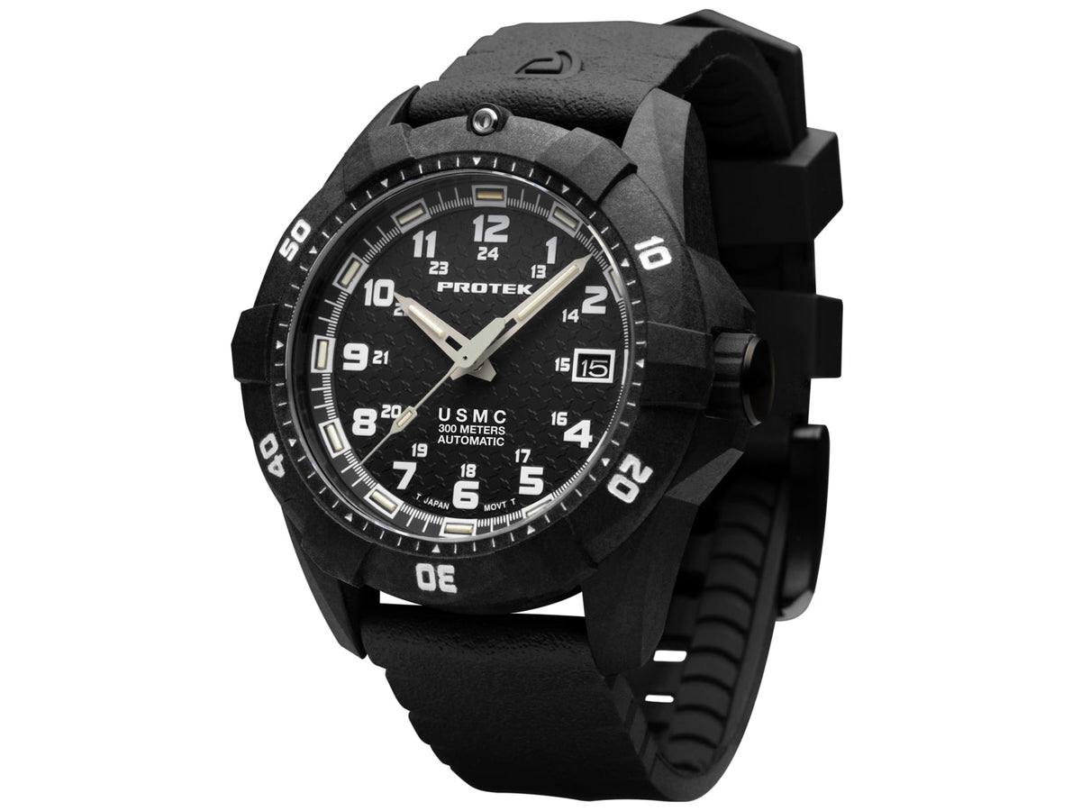 ProTek Model PT1211 USMC Analog Watch 42mm Case Diameter Carbon Composite Bezel Black Rubber Strap PT1211